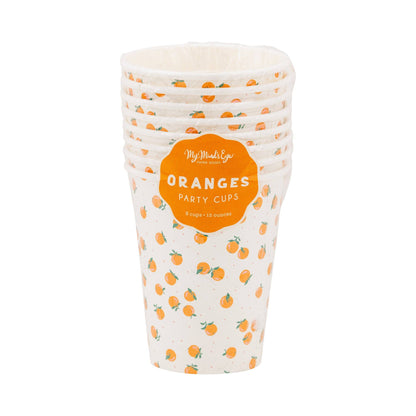 Stack of paper party cups with orange fruit pattern. Pack of 8 sold in Toronto and fast shipping across Canada.