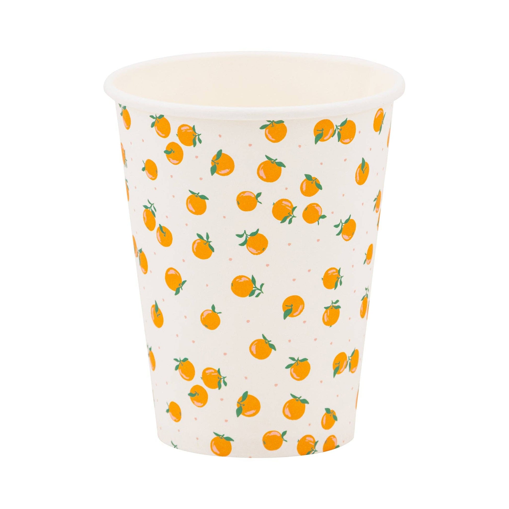 Paper cup with orange pattern on a white background
