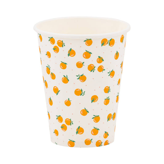 Paper cup with orange pattern on a white background