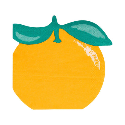 Bright orange-shaped paper napkin with green leaves, ideal for fruit-inspired parties and events. Sold at Confetti My Party - ships Canada-wide.