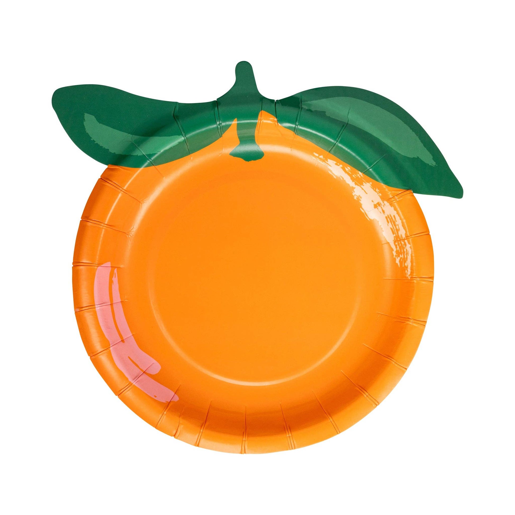 Citrus-inspired orange-shaped plate with green leaves, ideal for fruit-themed parties across Canada.