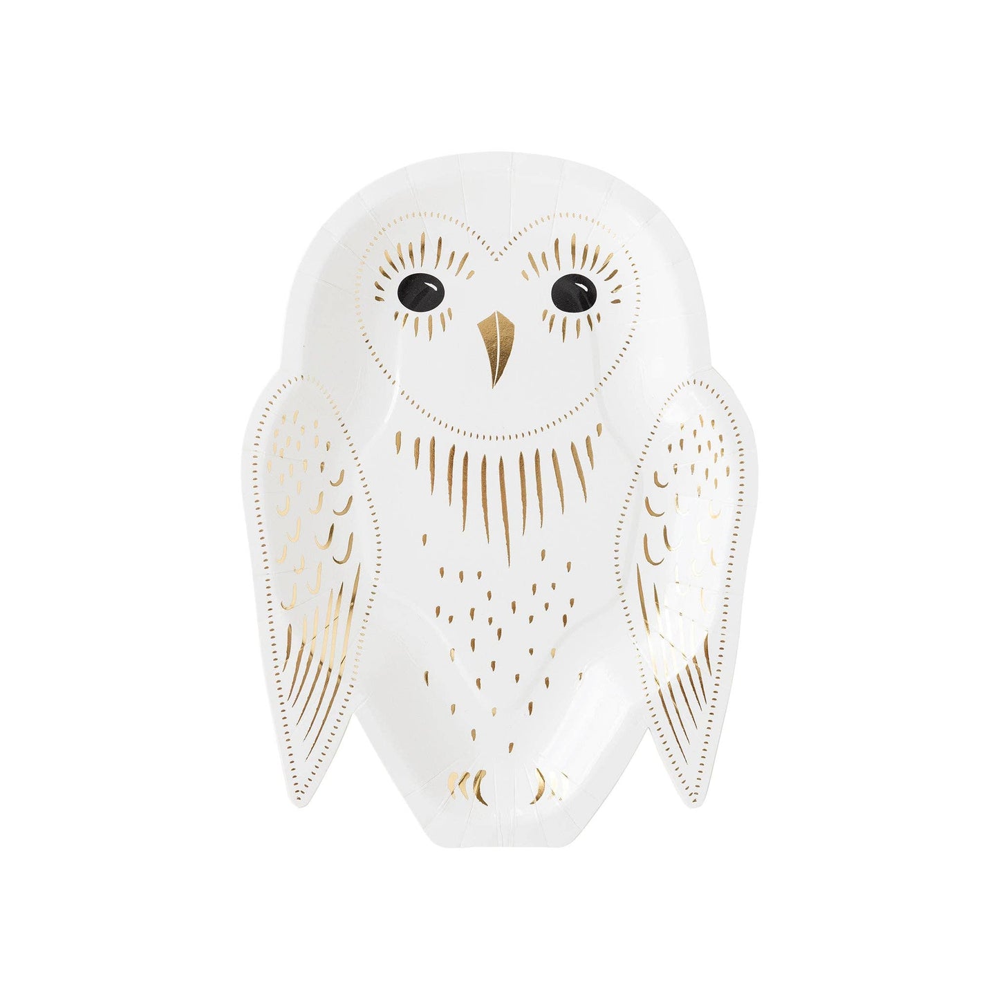 White owl shaped Halloween paper plates with black and gold foil details