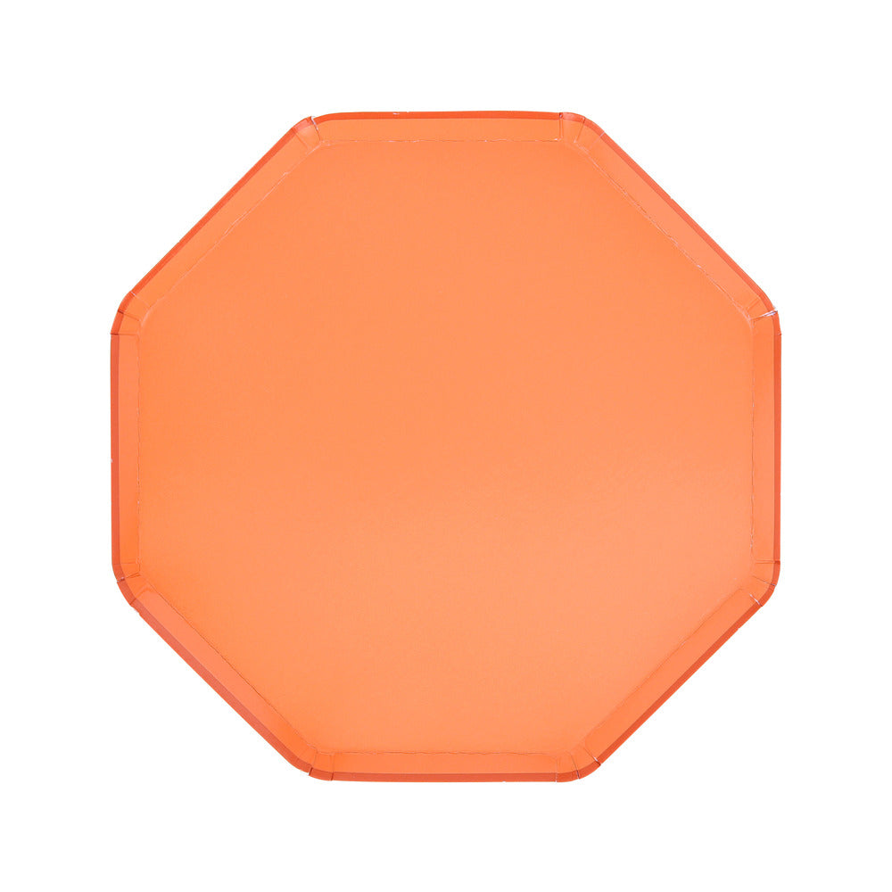 Papaya-coloured octagonal side plate by Meri Meri, 8.25 inches, sold in Toronto at Confetti My Party.”