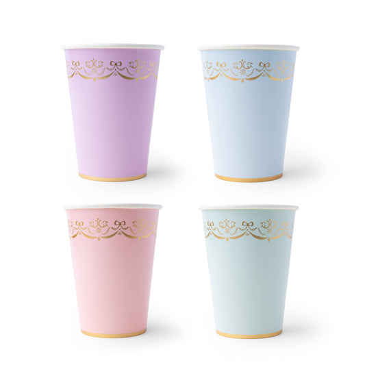 Parisian pastel paper cups in pink, lavender, blue and mint with gold foil details