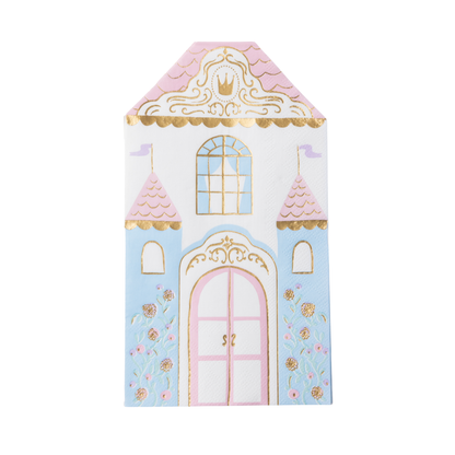 Parisian princess castle-shaped paper napkin with pastel blue, pink, floral and gold foil details.