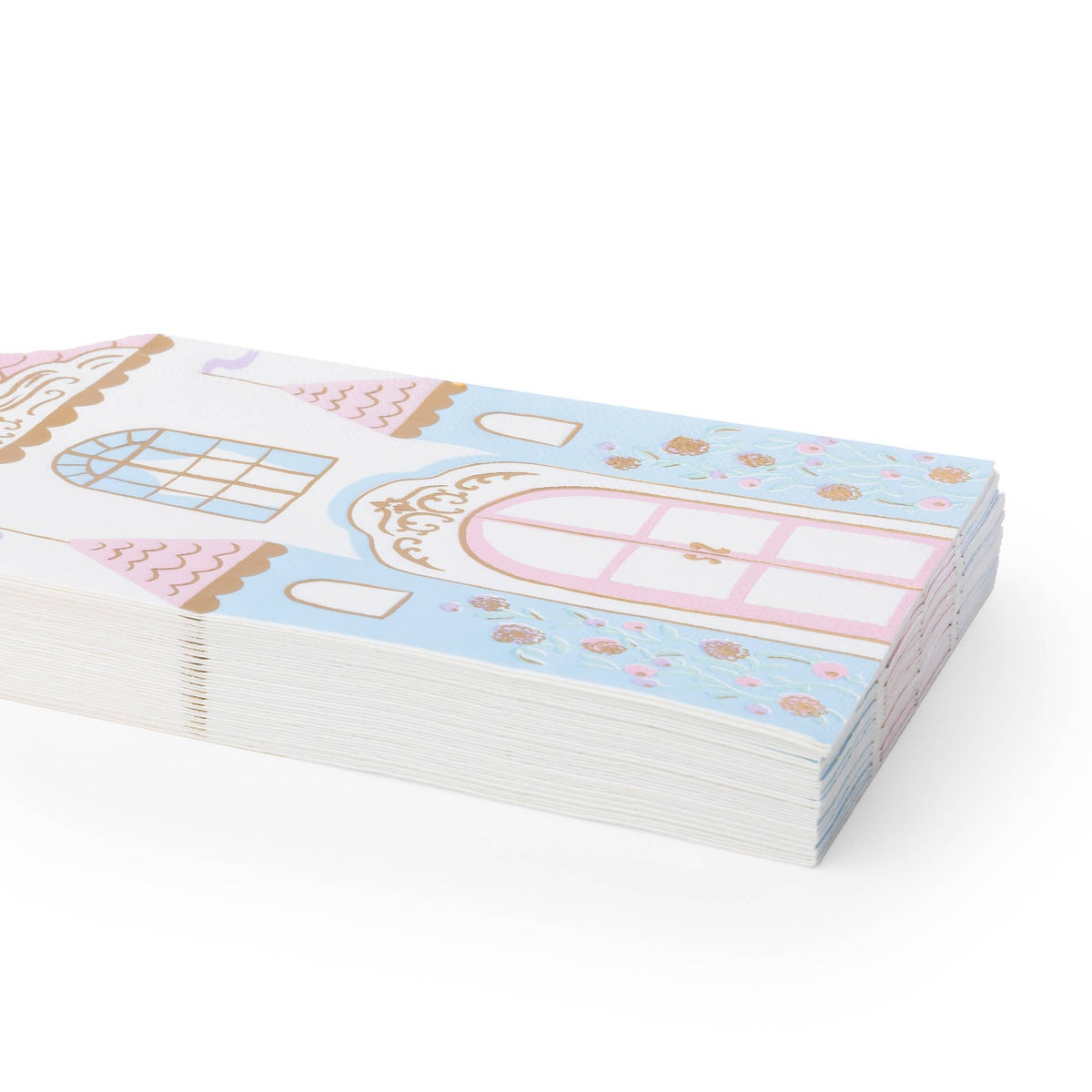 Stack of Parisian princess castle-shaped napkins with pastel blue, pink and gold foil details