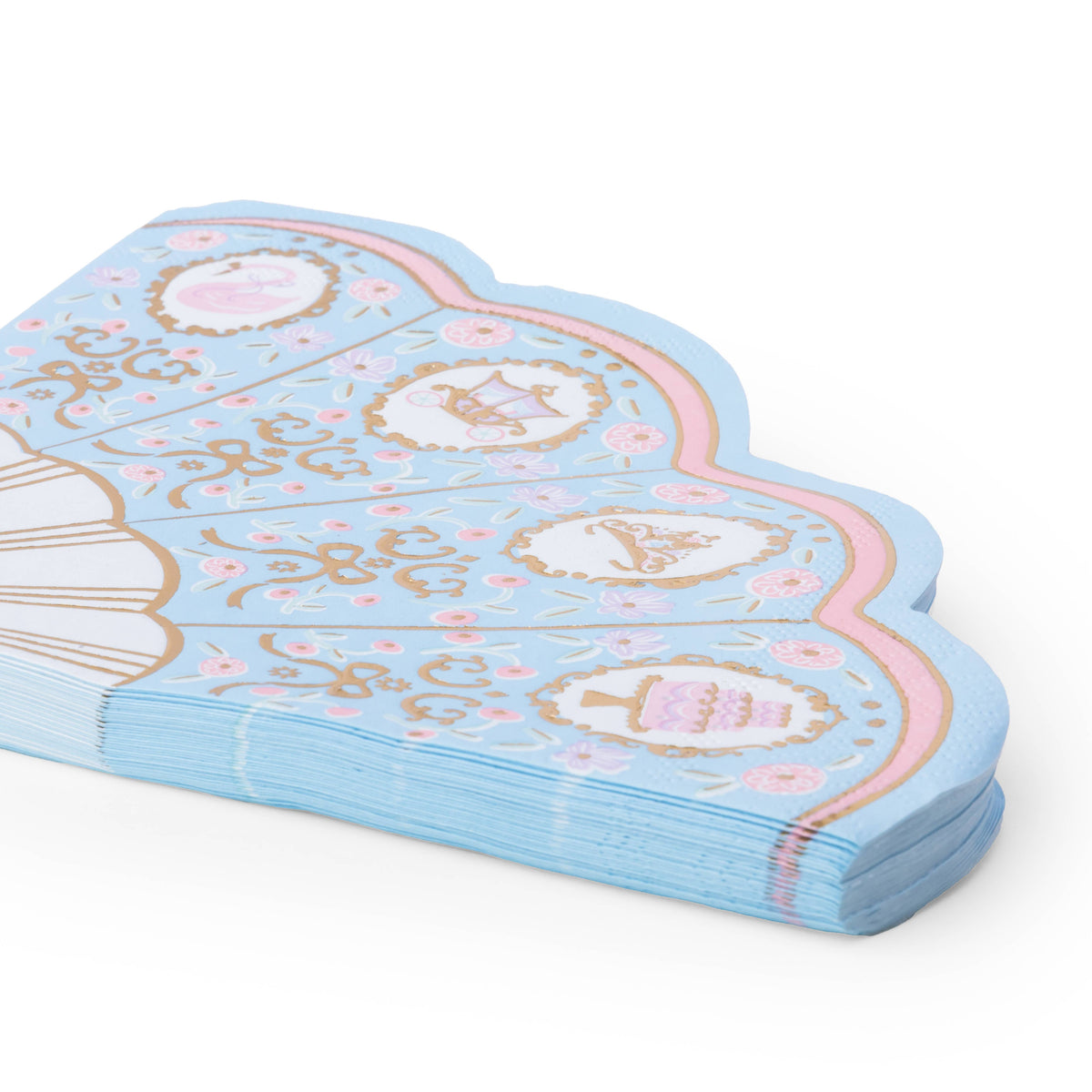 Stack of blue fan-shaped princess napkins with pink floral details and gold foil fairytale icons.