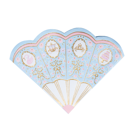 Blue fan-shaped princess napkins with pink florals, bows, fairytale icons and gold foil details.