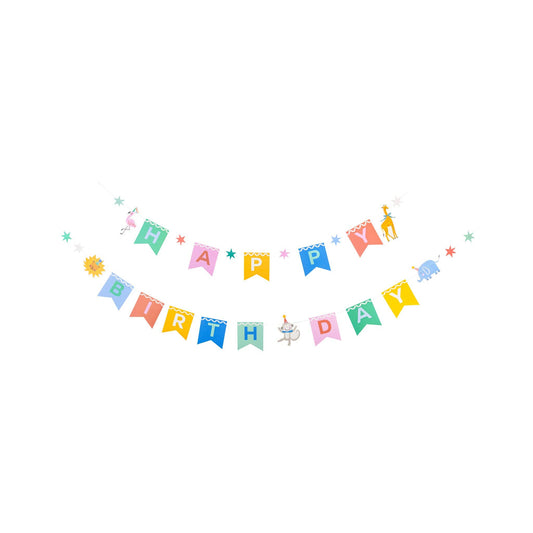 Colourful animal-themed Happy Birthday banner with bright flags and stars, perfect for kids’ parties in Toronto.
