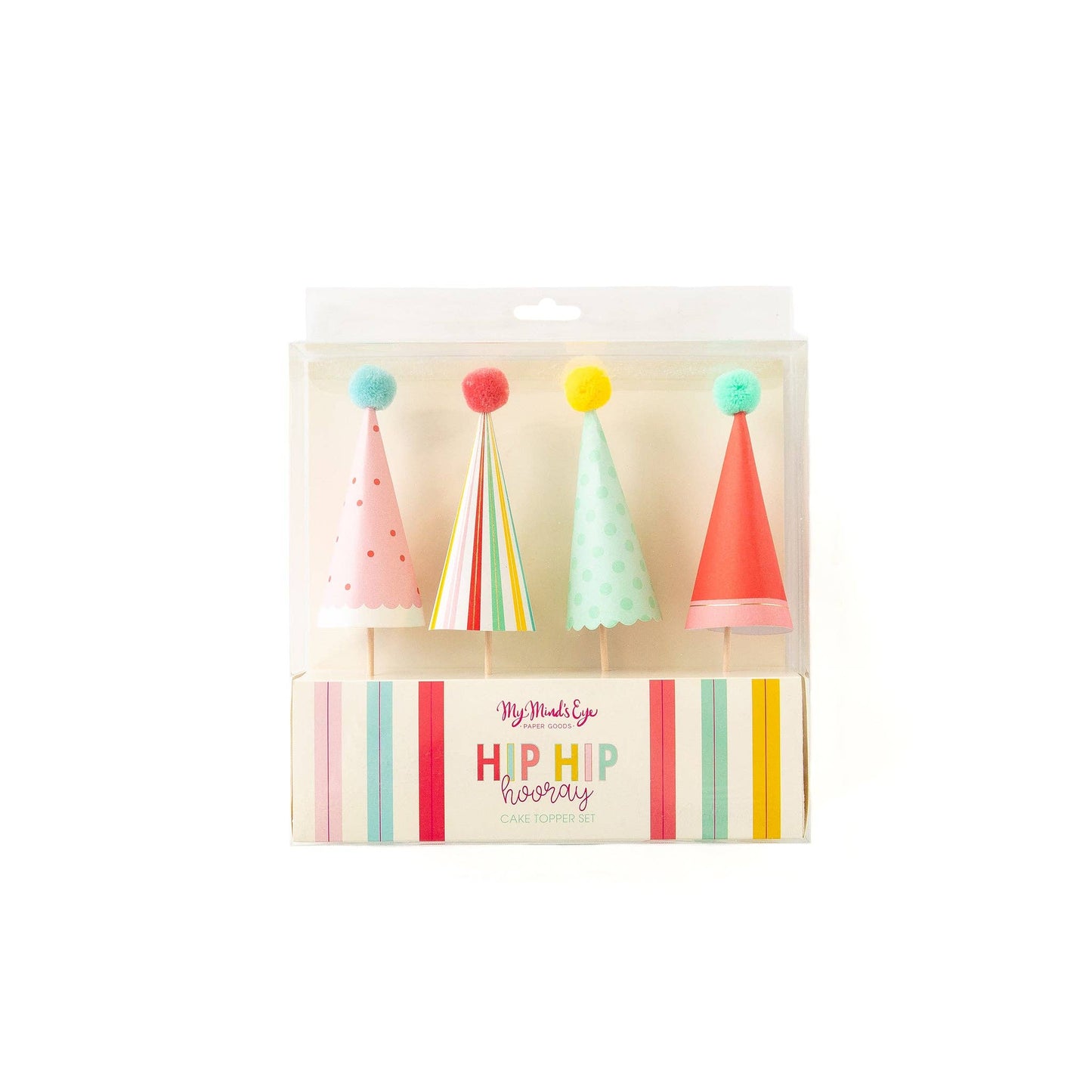 Set of four colourful party hat cake toppers with pom poms, perfect for birthday parties and celecrations. Sold in Toronto at Confetti My Party and ships Canada wide.