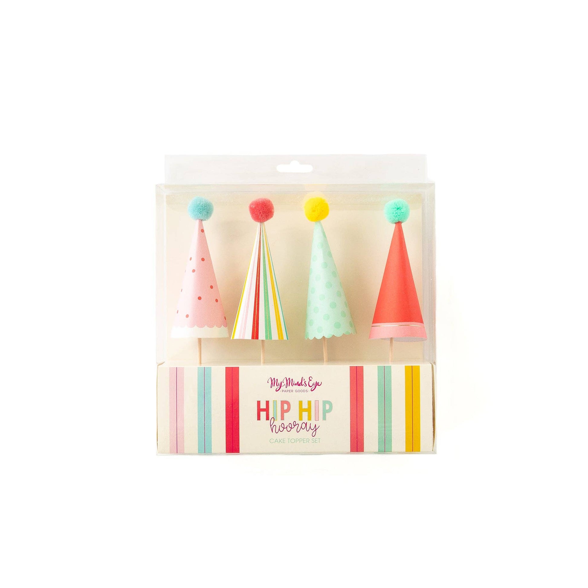 Set of four colourful party hat cake toppers with pom poms, perfect for birthday parties and celecrations. Sold in Toronto at Confetti My Party and ships Canada wide.