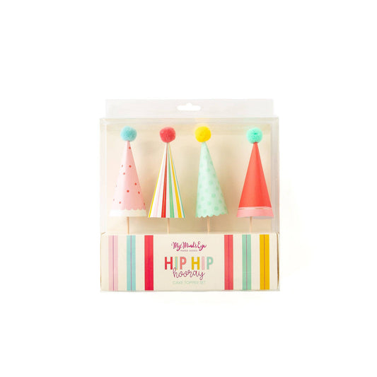 Set of four colourful party hat cake toppers with pom poms, perfect for birthday parties and celecrations. Sold in Toronto at Confetti My Party and ships Canada wide.