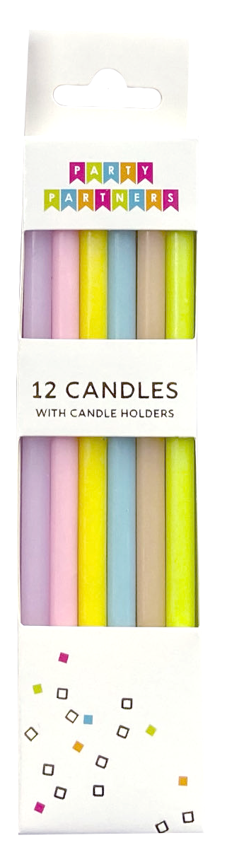 Pack of 12 pastel multicolor candles with matching paper candle holders in a white hanging card package.