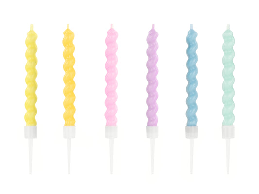 Pastel curly birthday candles in six swirl colours, sold in Toronto at Confetti My Party. Ships across Canada.