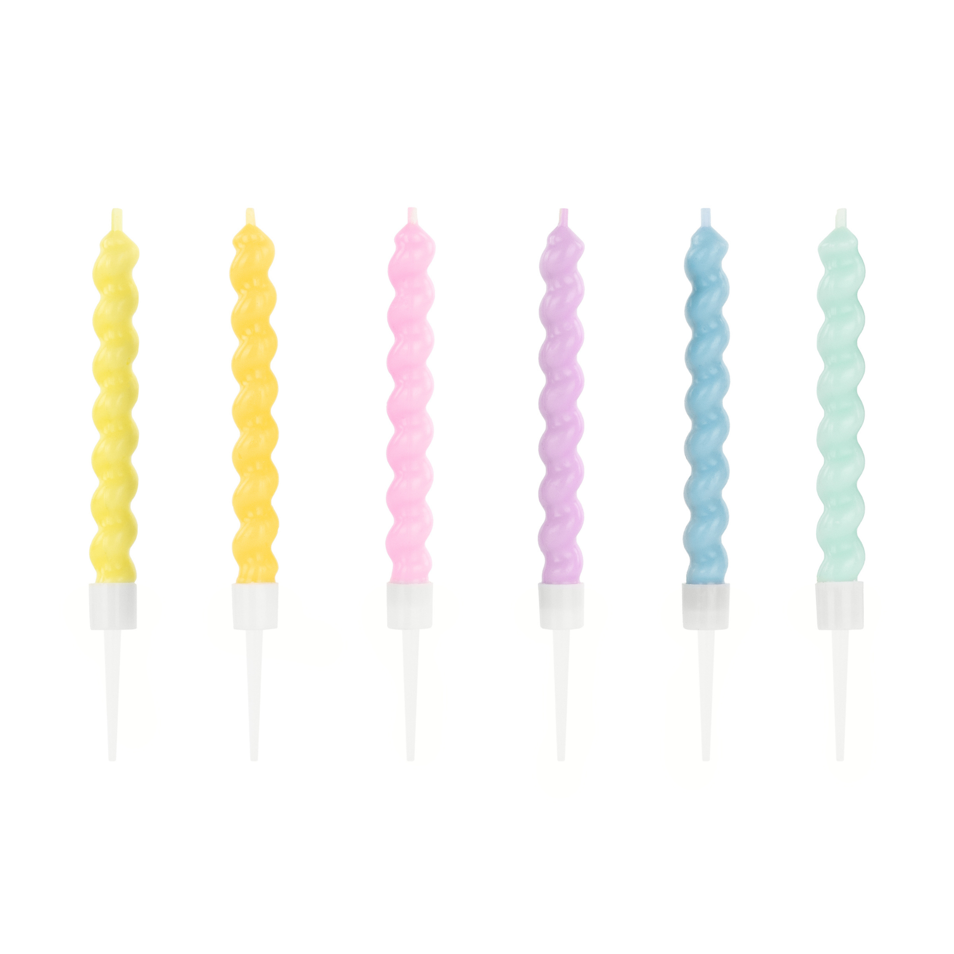 Pastel curly birthday candles in six swirl colours, sold in Toronto at Confetti My Party. Ships across Canada.