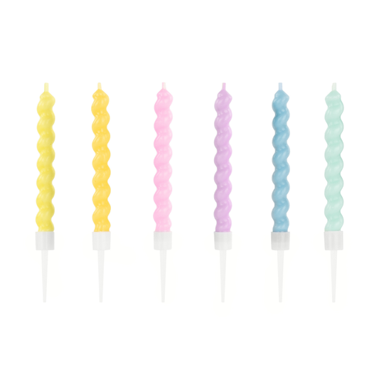 Pastel curly birthday candles in six swirl colours, sold in Toronto at Confetti My Party. Ships across Canada.