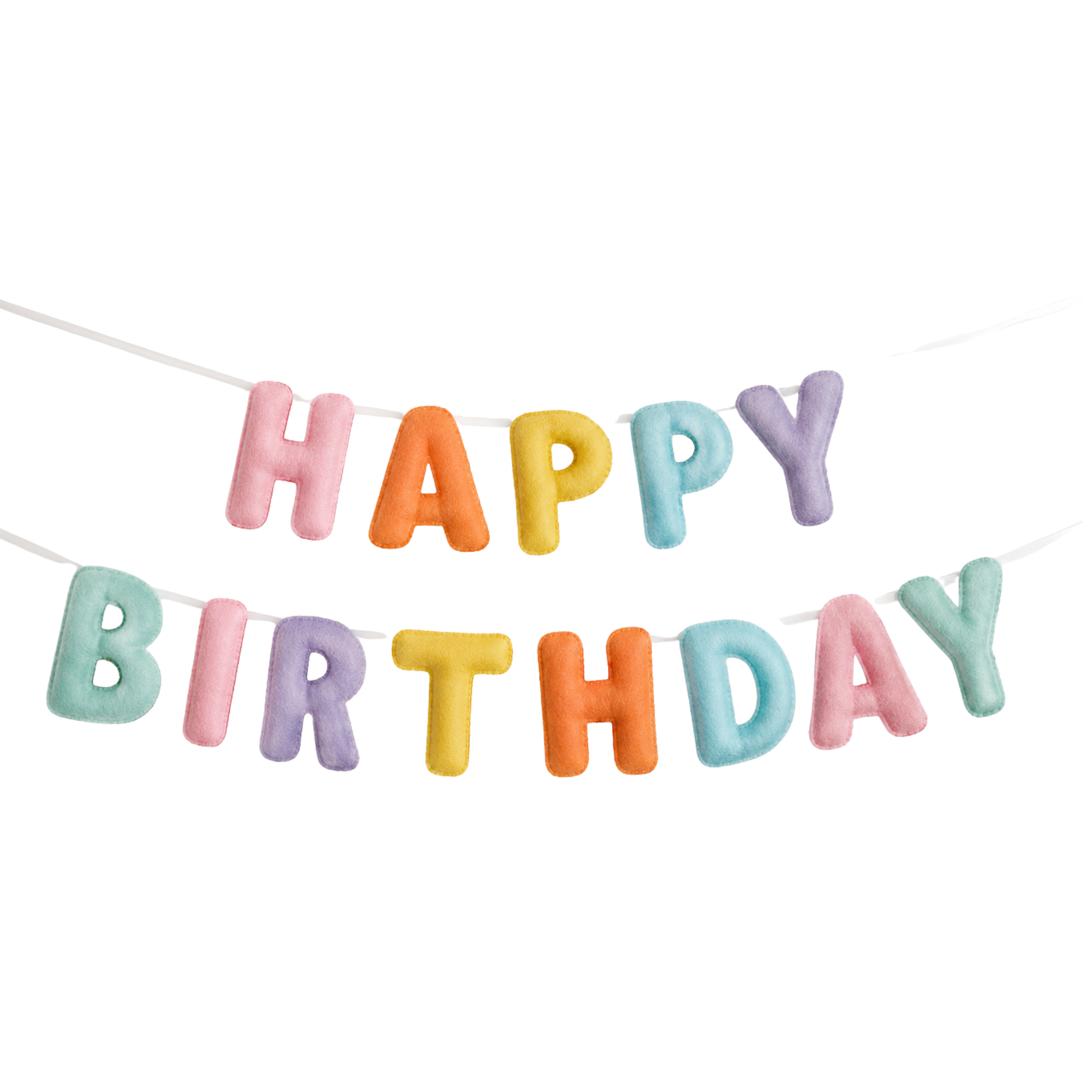 A pastel-colored 'HAPPY BIRTHDAY' letter banner on a white string, featuring soft pink, orange, yellow, and light blue letters against a plain white background.