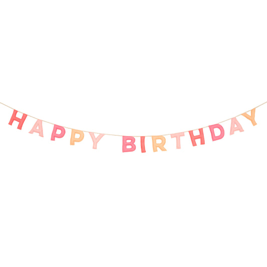 Full view of pastel felt Happy Birthday garland hanging on string