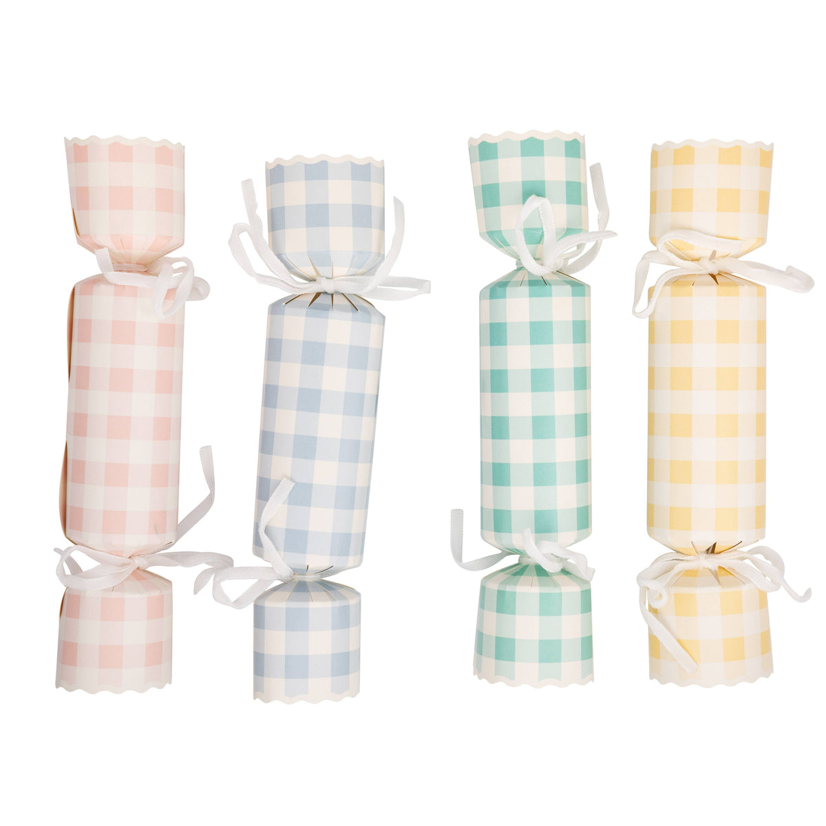 Pastel gingham Easter party crackers in pink, blue, mint green and yellow with white ribbon ties. Set of 12. Pick up in Toronto + Canada-wide shipping available.
