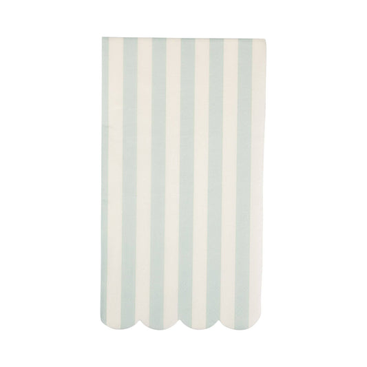 Pastel green and white striped paper guest napkins with scalloped edge.