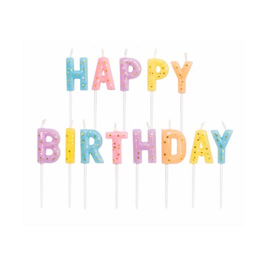 Multicolor letter candles spelling out 'HAPPY BIRTHDAY' on white sticks, decorated with small confetti details, set against a plain white background.