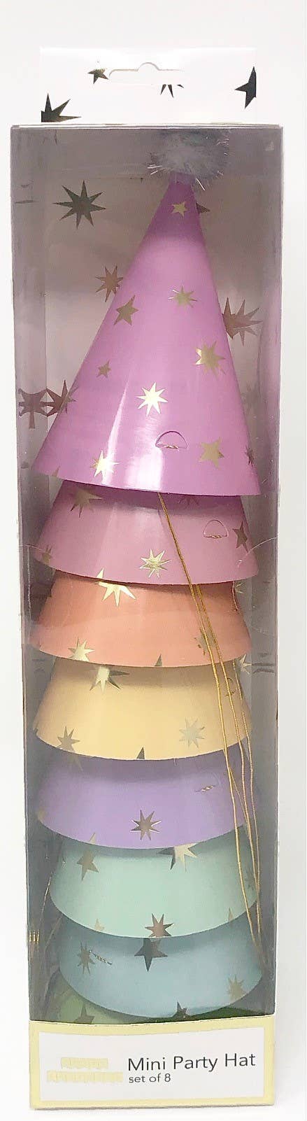 Set of colorful mini party hats in a box with star patterns.