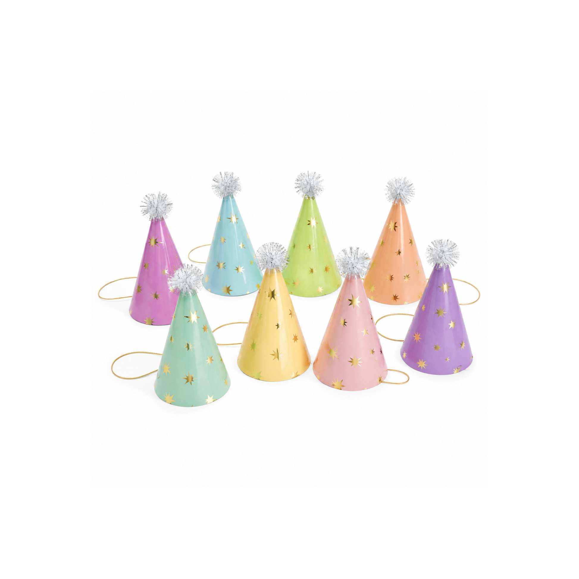 A set of eight miniature party hats in assorted pastel colors, decorated with gold foil stars and topped with white pom-poms, arranged on a plain white background.