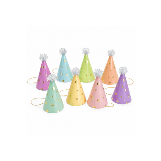 A set of eight miniature party hats in assorted pastel colors, decorated with gold foil stars and topped with white pom-poms, arranged on a plain white background.