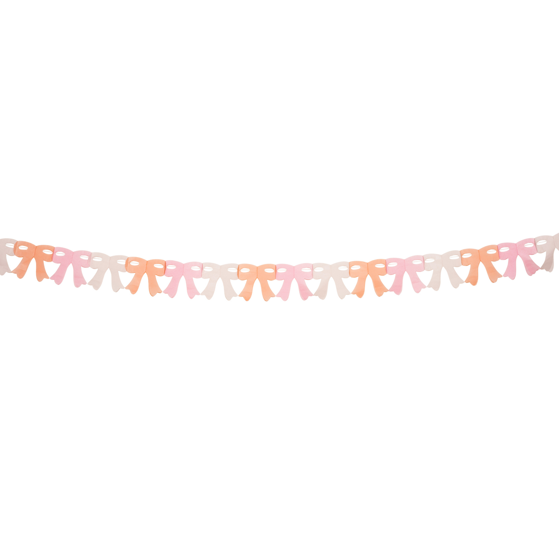 Paper bow garland in soft pastel shades of pink, peach, and cream, strung in a repeating pattern.