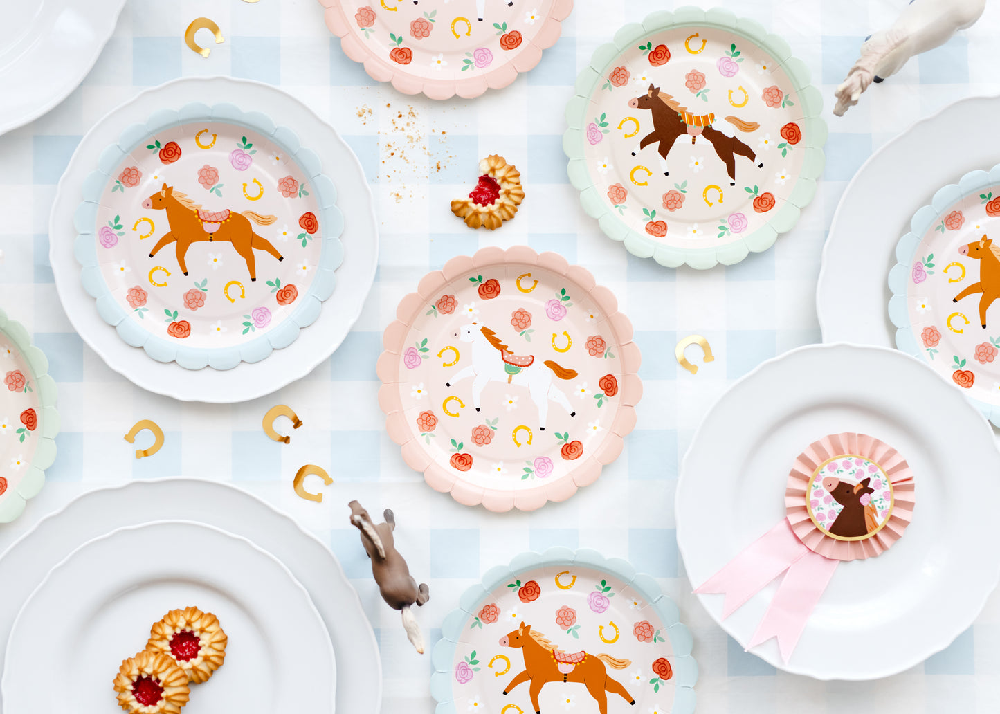 Pony-themed pastel dessert plates styled on a gingham tablescape, available at Confetti My Party Toronto