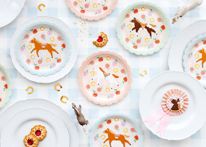 Pony-themed pastel dessert plates styled on a gingham tablescape, available at Confetti My Party Toronto