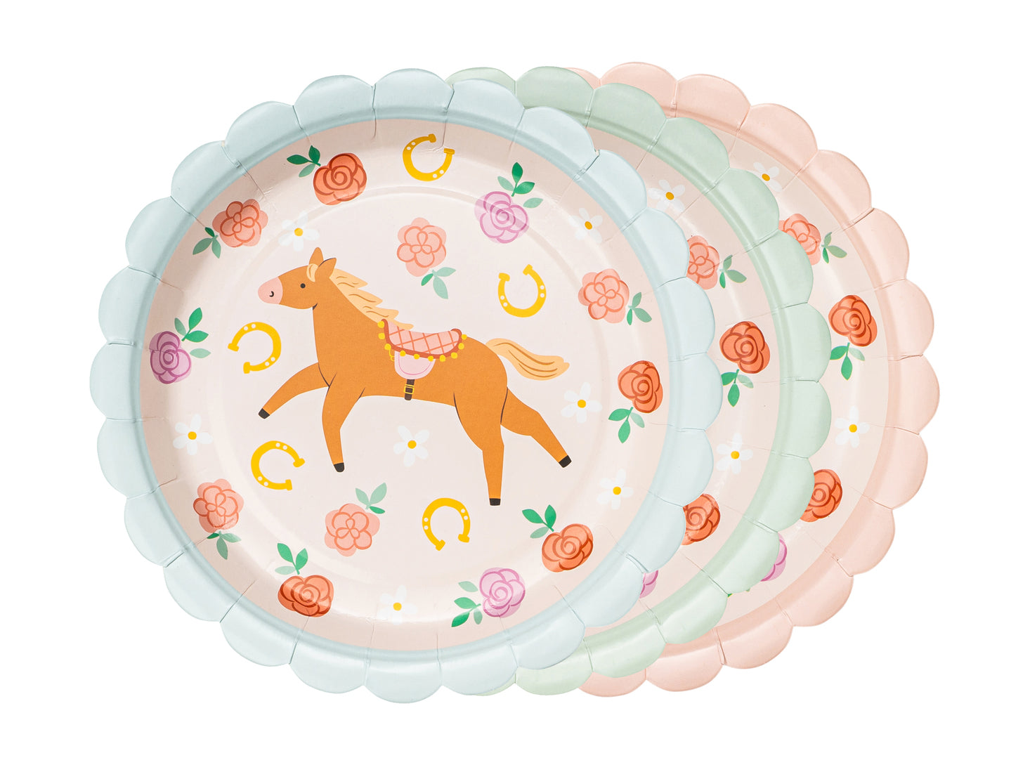 Pastel pony dessert plates with scalloped edges in assorted colours, available at Confetti My Party Toronto