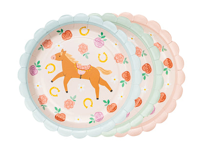 Pastel pony dessert plates with scalloped edges in assorted colours, available at Confetti My Party Toronto