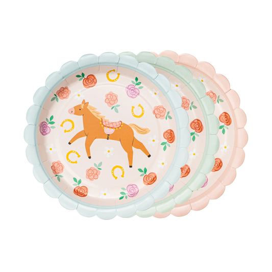 Pastel pony dessert plates with scalloped edges in assorted colours, available at Confetti My Party Toronto
