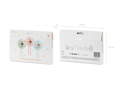 Packaging for pastel pony hanging rosettes set of 3, showing assembly and size, available at Confetti My Party Toronto