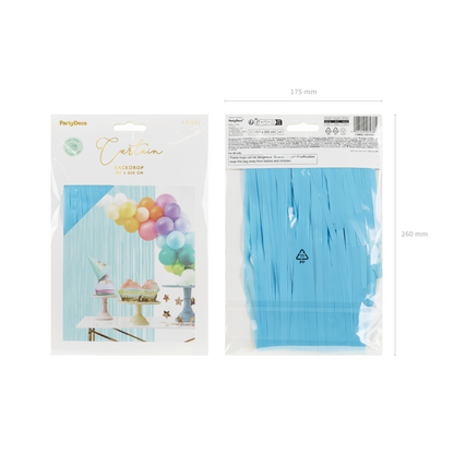 Packaged pastel sky blue foil fringe curtain backdrop, shown front and back with product dimensions and example party setup.