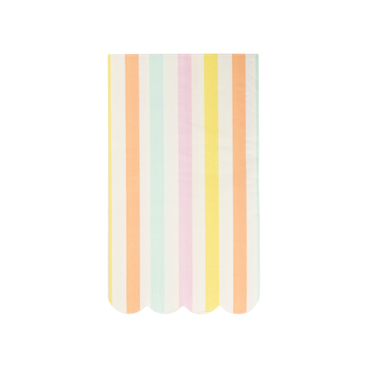 Pastel stripe paper dinner napkins with scalloped edges in yellow, peach, mint and pink. Pick up in Toronto + Canada-wide shipping available.