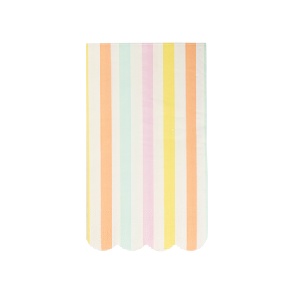 Pastel stripe paper dinner napkins with scalloped edges in yellow, peach, mint and pink. Pick up in Toronto + Canada-wide shipping available.