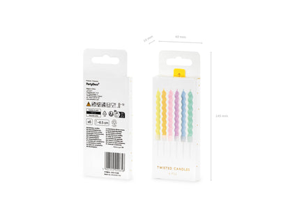 Packaged pastel curly candles in a set of six, sold in Toronto at Confetti My Party. Ships across Canada.