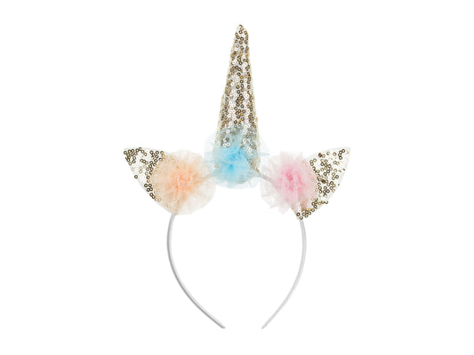 Pastel sparkle unicorn horn headband with gold sequins and pastel tulle from Confetti My Party Toronto.