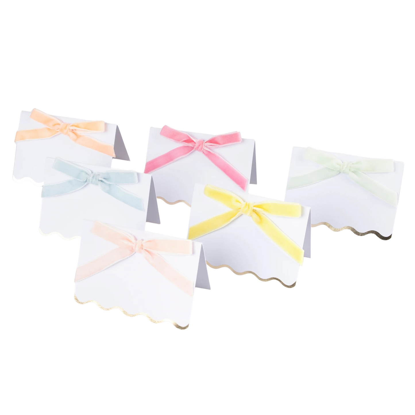 Pastel velvet bow place cards by Meri Meri (pack of 6) with gold foil scalloped edges, sold in Toronto at Confetti My Party.