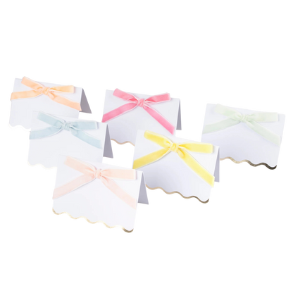 Pastel velvet bow place cards by Meri Meri (pack of 6) with gold foil scalloped edges, sold in Toronto at Confetti My Party.