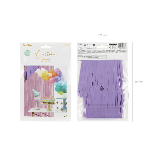 Packaged violet purple foil fringe curtain backdrop, shown front and back with product dimensions and example party setup.