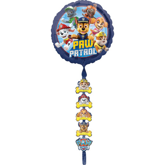 Paw Patrol foil balloon with character tails featuring Chase, Marshall, Rubble, and Skye, perfect for kids’ birthday parties in Toronto.