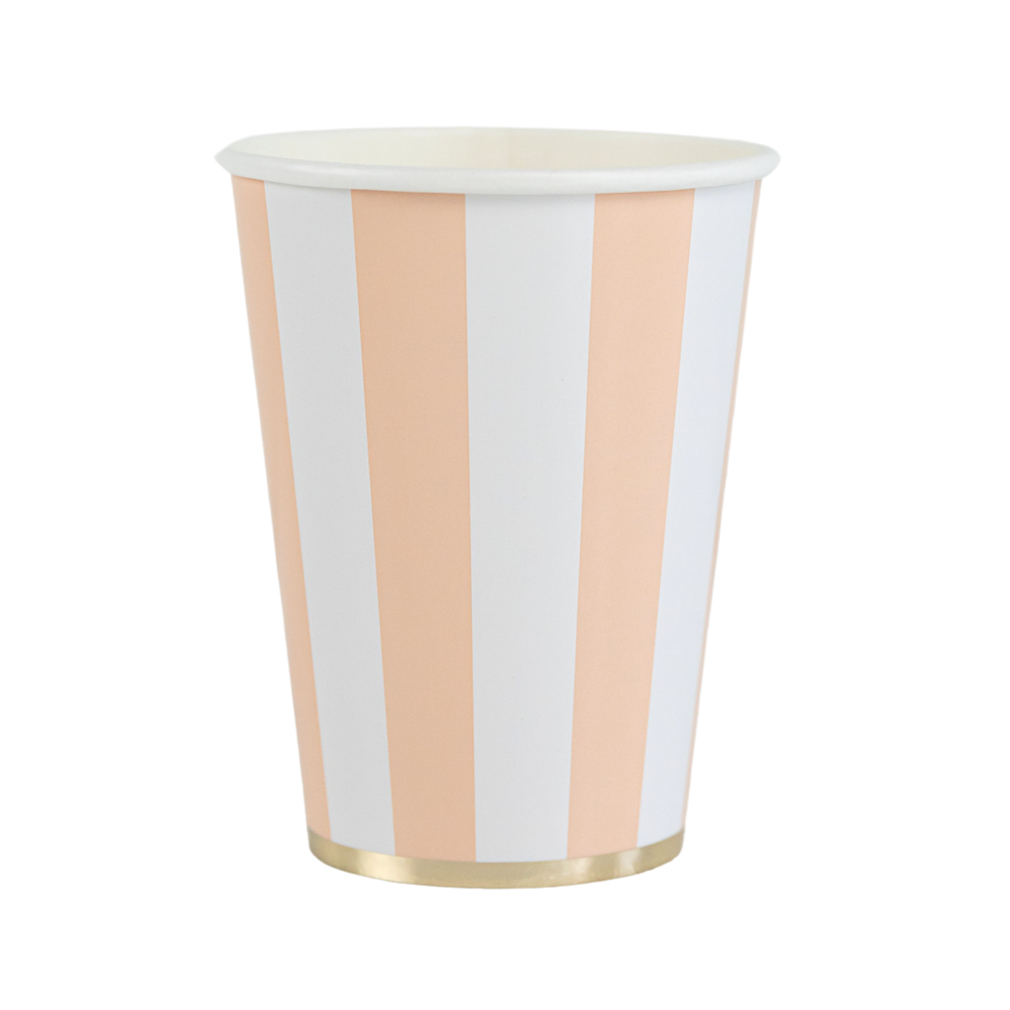 Paper cup with peach and white vertical stripes on a white background