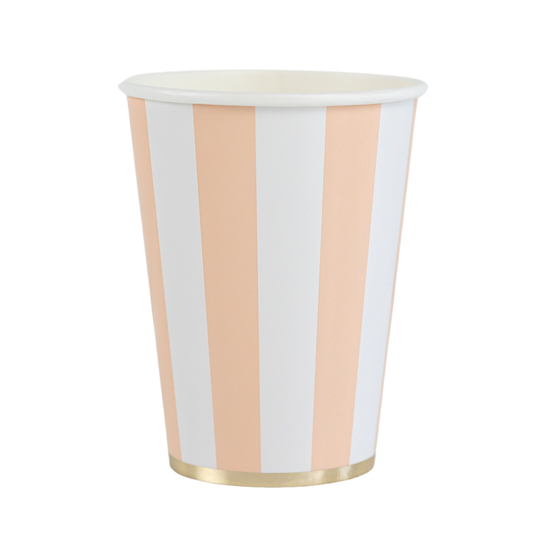 Paper cup with peach and white vertical stripes on a white background