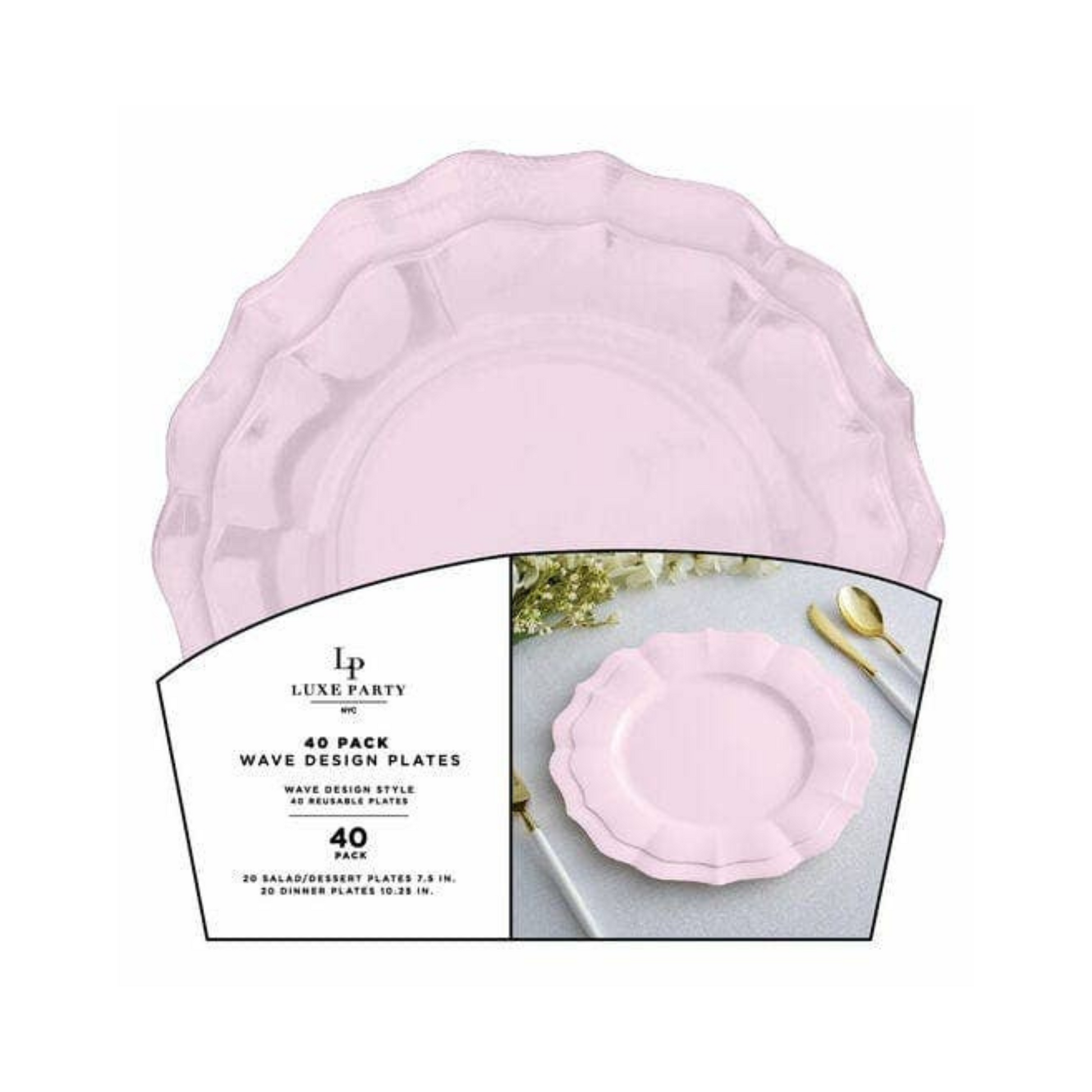 Luxe Party 40-pack pink wave design plates with scalloped edges, includes reusable dinner and dessert plates—perfect for stylish party table settings in Canada.