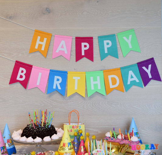 Colorful 'Happy Birthday' banner with birthday cake and decorations on a wooden surface.