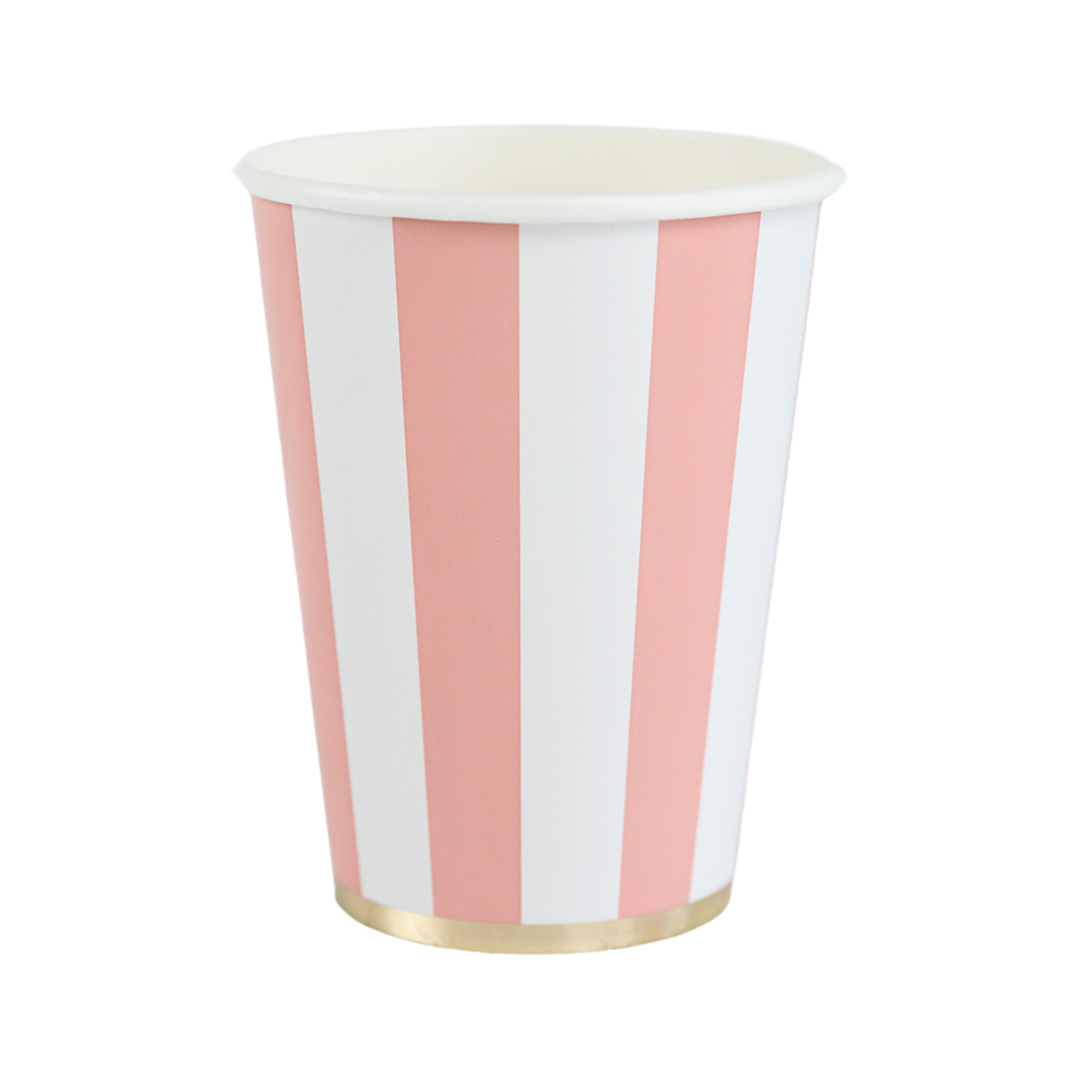 Petal pink cabana stripe paper cups with gold foil base, available in Toronto and shipping across Canada