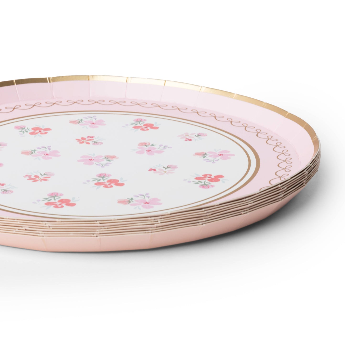 Stack of petal pink floral dessert plates with watercolour flowers and gold foil trim